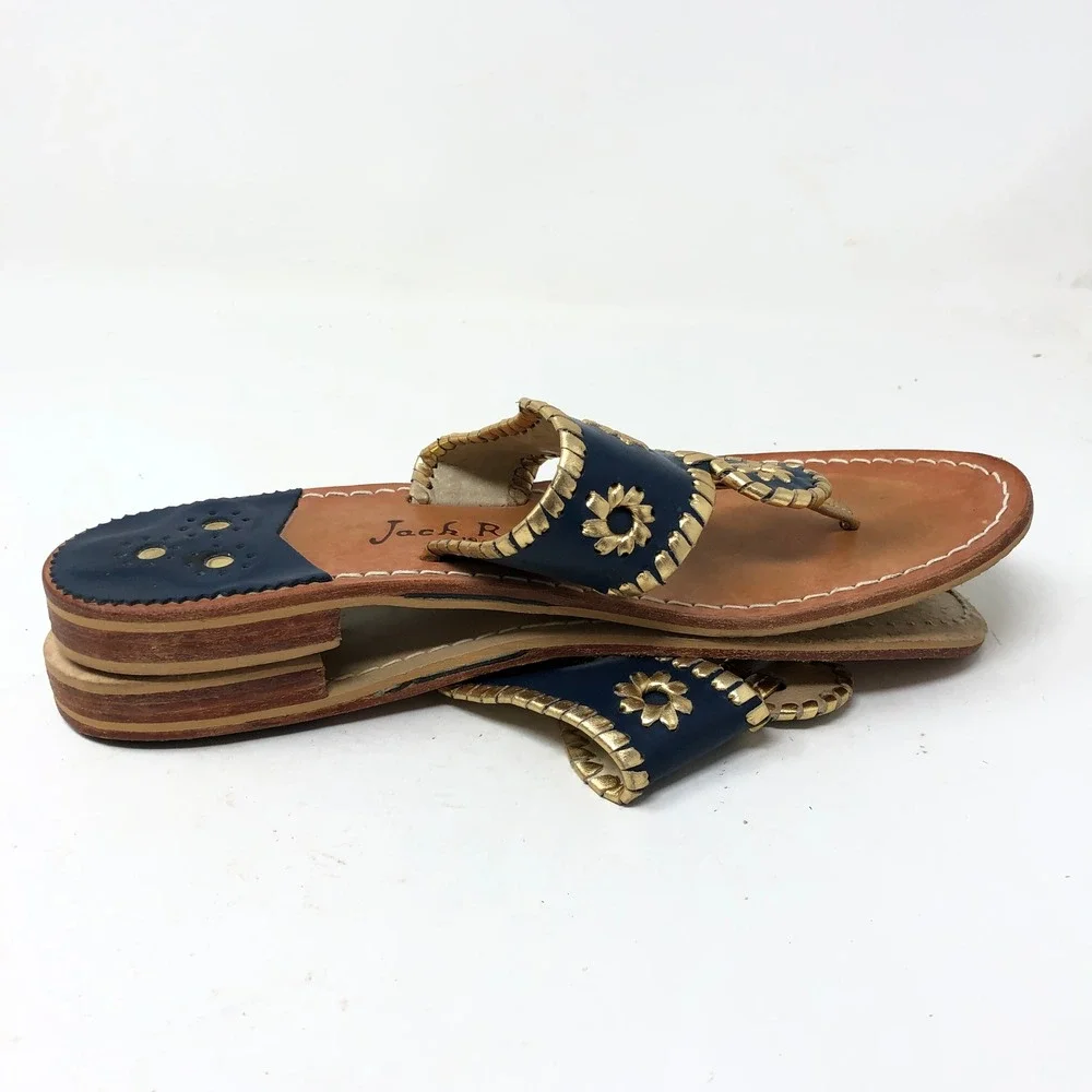 Jack Rogers Womens 10 Navajo Flat Sandals Navy Gold Whipstitch Leather Thong